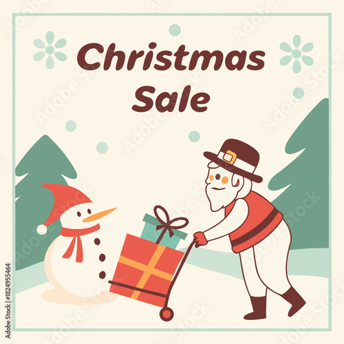 Christmas sale shopping banner with Santa snowman gift and winter landscape for holiday promotion poster header and online advertising design .