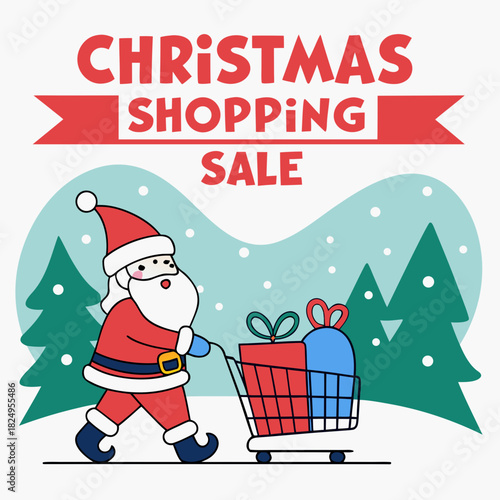 Christmas sale shopping banner with Santa snowman gift and winter landscape for holiday promotion poster header and online advertising design .