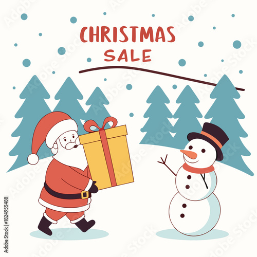 Christmas sale shopping banner with Santa snowman gift and winter landscape for holiday promotion poster header and online advertising design .