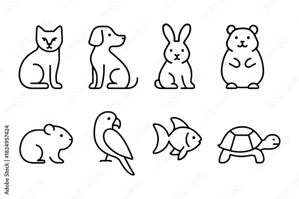 Fototapeta premium Minimal pet animal icon set. Dog, cat, rabbit, hamster, fish, turtle and bird for kids, vet and pet care projects. Vector illustration.