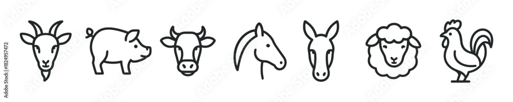 Obraz premium Farm animal head icons collection. Goat, cow, pig, horse, donkey, sheep and rooster for agriculture and food industry projects. Vector illustration.