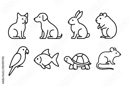 Simple pet animal icon collection. Cat, dog, rabbit, hamster, mouse, fish and bird for vet, pet shop and kids design. Vector illustration.