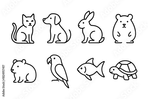 Cute pet animal icon set. Cat, dog, rabbit, fish, turtle and bird for kids, vet and pet care projects. Vector illustration.