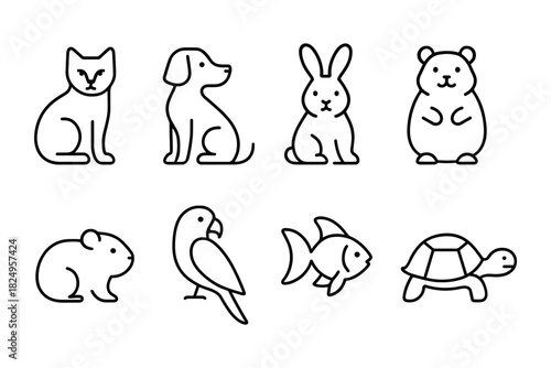Minimal pet animal icon set. Dog, cat, rabbit, hamster, fish, turtle and bird for kids, vet and pet care projects. Vector illustration.