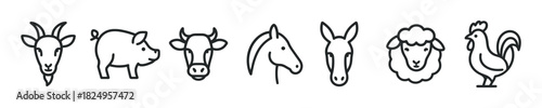 Farm animal head icons collection. Goat, cow, pig, horse, donkey, sheep and rooster for agriculture and food industry projects. Vector illustration.