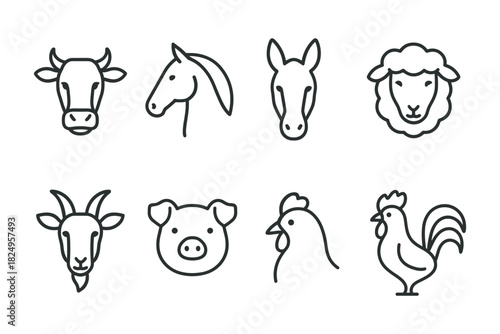 Farm animal face icon set. Cow, pig, goat, horse, sheep and rooster for agriculture, food industry and farming designs. Vector illustration.