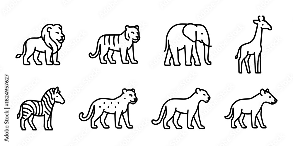 Naklejka premium Wild African animal icon set. Lion, tiger, elephant, giraffe, zebra, cheetah and hyena for safari, zoo and wildlife projects. Vector illustration.