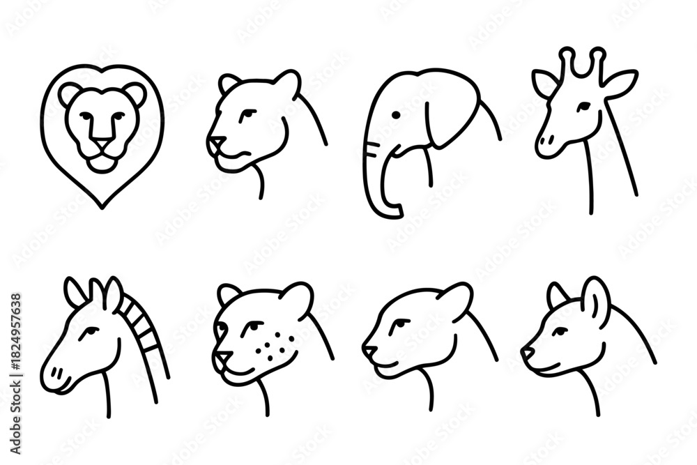 Naklejka premium Wild animal head icon collection. Lion, elephant, giraffe, cheetah, zebra and hyena for safari, zoo and wildlife projects. Vector illustration.