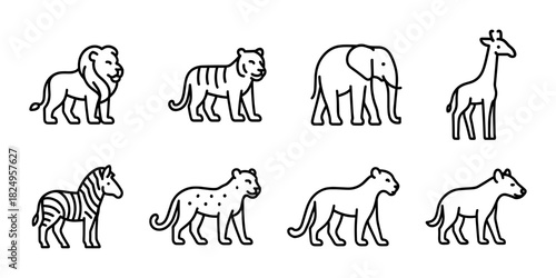 Wild African animal icon set. Lion, tiger, elephant, giraffe, zebra, cheetah and hyena for safari, zoo and wildlife projects. Vector illustration.