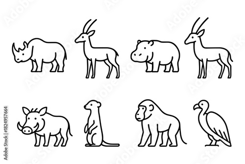 Set of outline icons of African savanna animals. Includes rhinoceros, antelope, hippopotamus, warthog, meerkat, baboon, and vulture. Great for zoo, safari, or wildlife themes. Vector illustration.