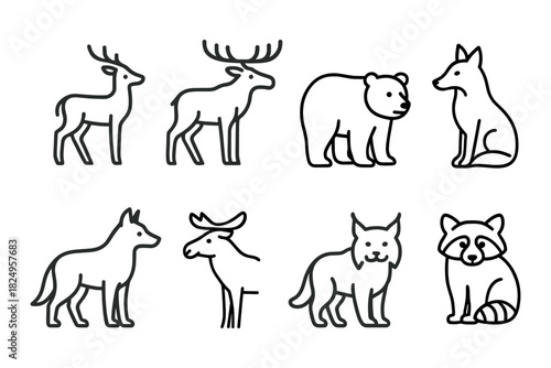 Set of outline icons of North American forest animals. Includes deer, moose, bear, wolf, lynx, raccoon, and coyote. Vector illustration.