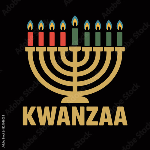  candelabra features nine colorful candles, each aflame. Below, the word 'KWANZAA'