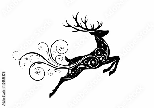 Elegant black deer silhouette adorned with intricate white swirling patterns and stars, captured in a graceful leap, symbolizing beauty and festive imagination