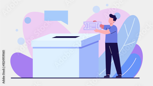 Customer Submitting Coupon into Giant Raffle Box – Modern Flat Illustration