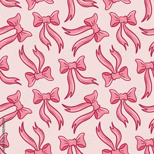 Pink bows seamless pattern repeating, delicate ribbons in soft pink tones, intersecting loops and tails creating a charming, airy vector texture. Ideal for wallpapers and fabrics.
