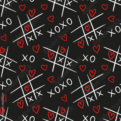 seamless pattern. Tiny vector doodle tic-tac-toe grid where circles become hearts, playful linework, whimsical shapes, subtle shading, charming and romantic vibe.