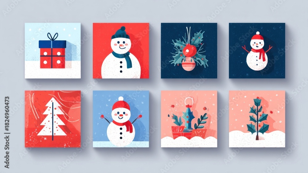 Fototapeta premium Collection of holiday cards with decorations, created in cartoon flat style