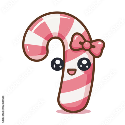 A delightful candy cane character features big, shiny eyes and a cheerful smile.