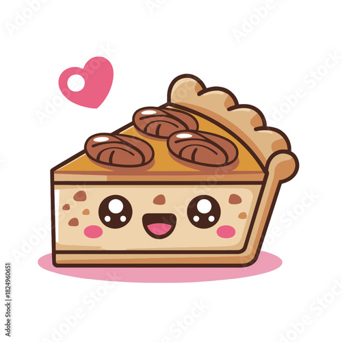 A cute slice of pecan pie with a smiling, cartoonish face, accented by a pink heart.
