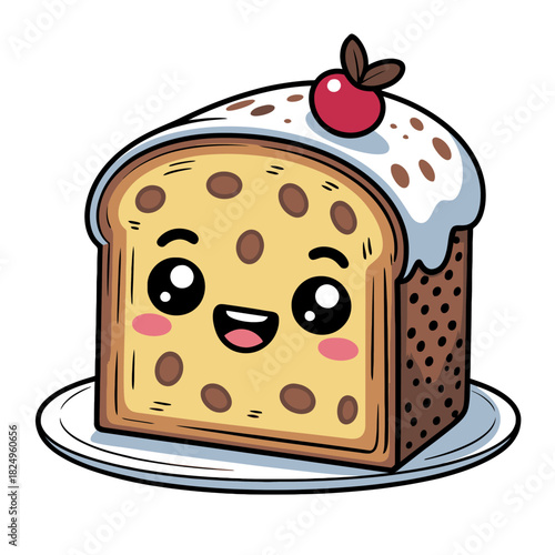 A cheerful slice of cake, complete with icing and a cherry on top, smiles brightly on a clean plate.