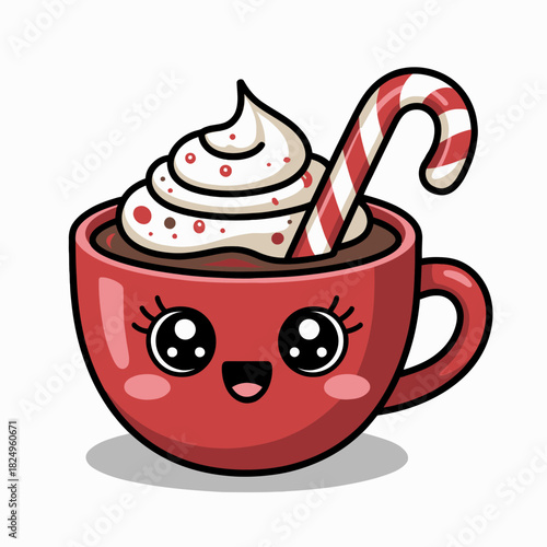 A cheerful red cup with big, bright eyes is filled with whipped cream and a candy cane.