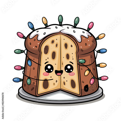 A cheerful Panettone  character adorned with icing and surrounded by colorful Christmas lights sits on a platter.