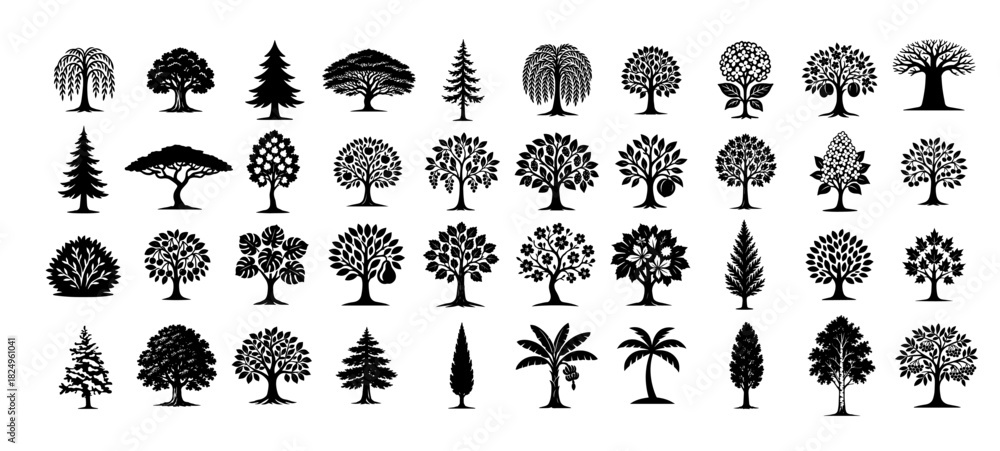Obraz premium A set of different trees. Hand drawn. Not AI, vector illustration.
