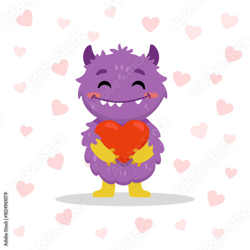 Cute cartoon monster with heart on white background. Happy Alien. Funny purple monster in flat style. Vector illustration. 
