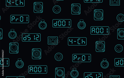 Seamless pattern of neon-style digital displays and connector icons, including DMX, XLR, power and Ethernet symbols, arranged on a dark background for tech or stage-lighting themes.