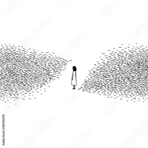 Solitary figure standing between abstract textured shapes