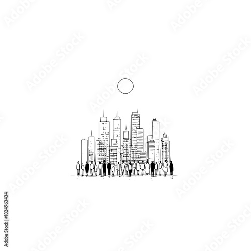 Minimalist city skyline and people drawing