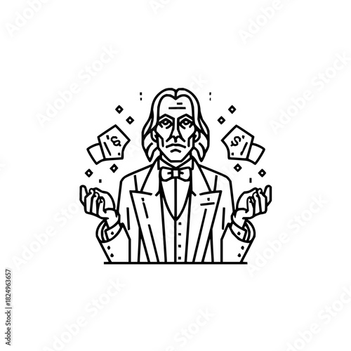 Serious man in a suit with money floating around him, line art illustration