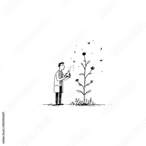 Scientist in lab coat tending to plant with flask