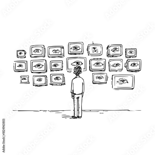 Man looking at a wall of framed eyes