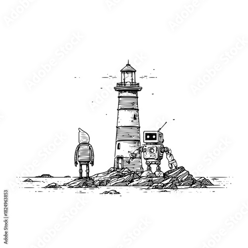 Two robots stand on rocky shore next to a lighthouse