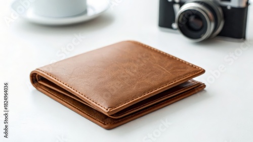 Minimal brown leather wallet slightly open on a white table