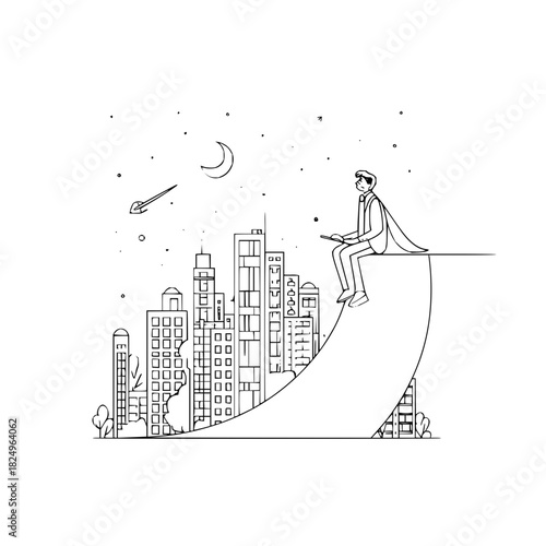 Superhero man above city skyline