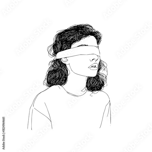 Line art illustration of a blindfolded woman