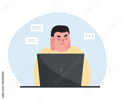 A guy sitting at a laptop, made a mistake, has a problem. A student studying. Vector flat graphics.