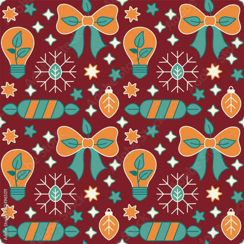 A seamless vector flat pattern featuring eco-friendly Christmas elements such as bows, light bulbs with leaves, snowflakes, candy shapes, ornaments, and stars in a festive, colorful design.