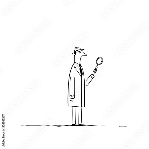 Cartoon detective with magnifying glass investigating