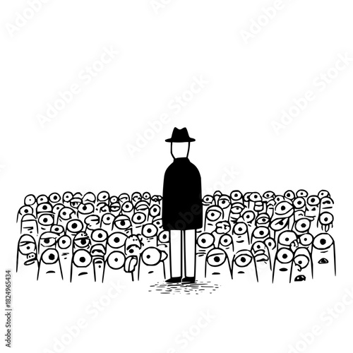 Man in hat standing out in a crowd of unique oneeyed figures