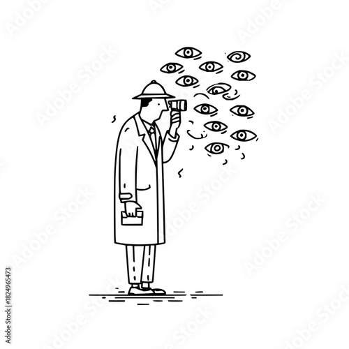 Man in hat and coat holding camera surrounded by many eyes