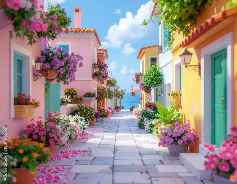 Naklejka premium Stylized Mediterranean Village Street 3D Render