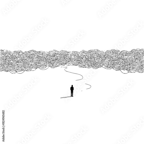 Person on a path facing a tangled wall of lines