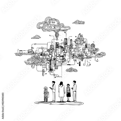 People observing a complex floating city structure
