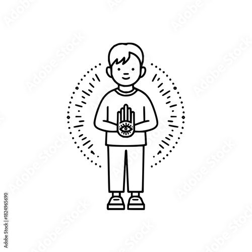 Boy with third eye symbol on hands in meditative pose, spiritual aura