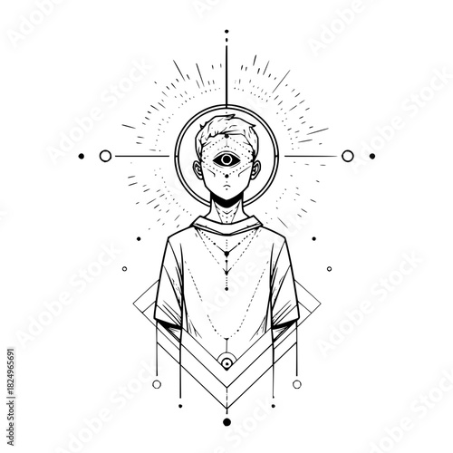 Mystical third eye person with geometric and radiating spiritual elements
