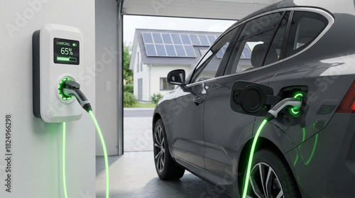 Electric battery car charge at EV station. concept of EV car and home charging station. Electric car charging. Electric car with a connected charging cable. Charging point