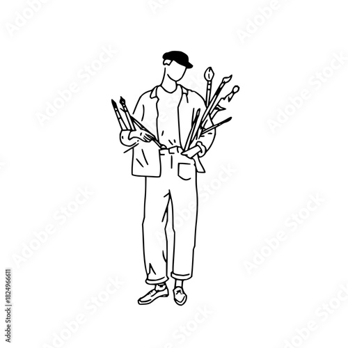 Person holding many paintbrushes, creative artist